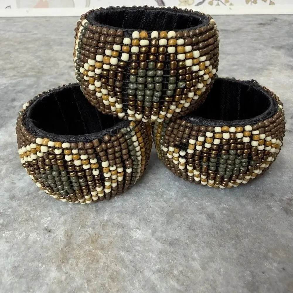 Set of 3 Vintage Earth Toned Boho Beaded Napkin Rings